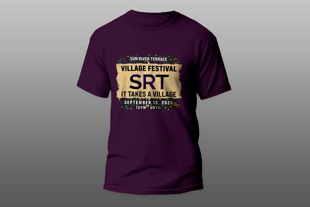 Purple T-shirt mockup featuring custom artwork for the Sun River Terrace Village Festival