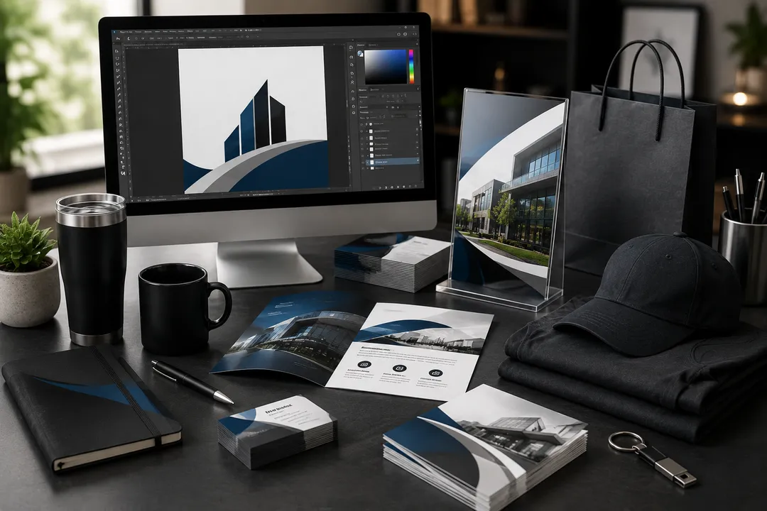 Print Designz creative workspace with branded marketing materials