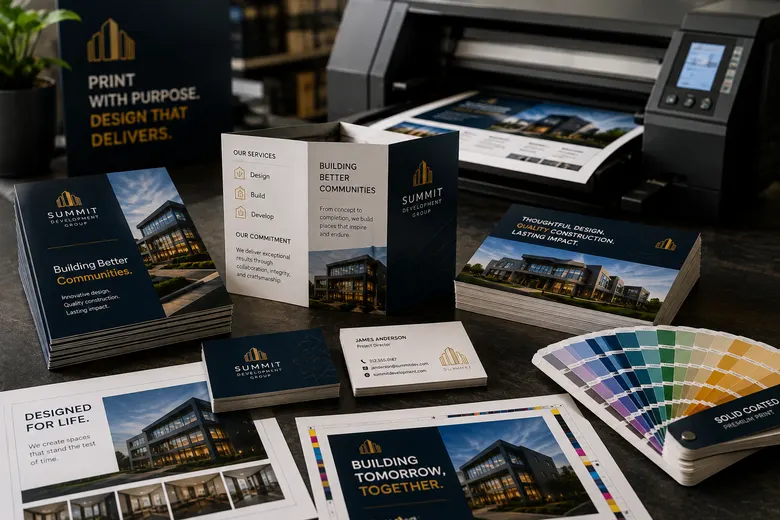 Print production scene with proofs, brochures and business cards