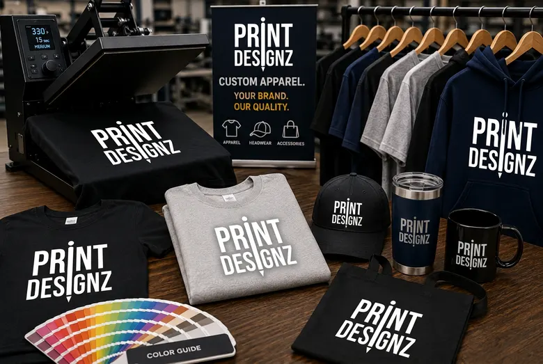 Custom-branded apparel featuring the Print Designz logo