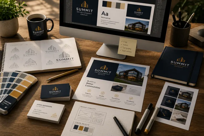 Creative branding workspace with logo sketches and color swatches