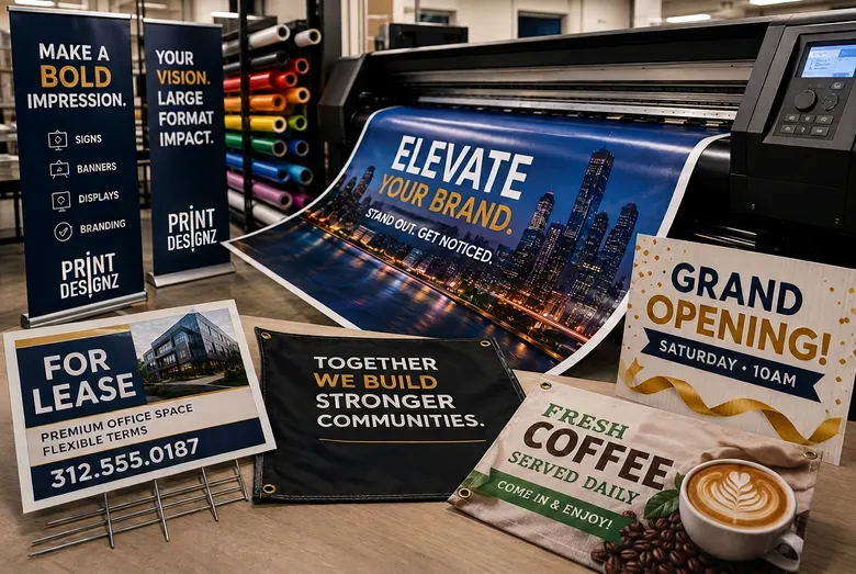Large-format printer producing banners and signage materials