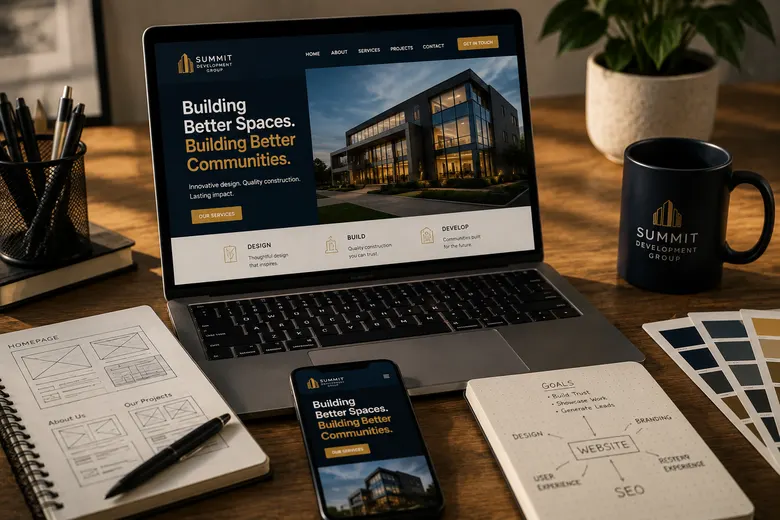 Web design workspace with laptop showing a website layout and wireframes