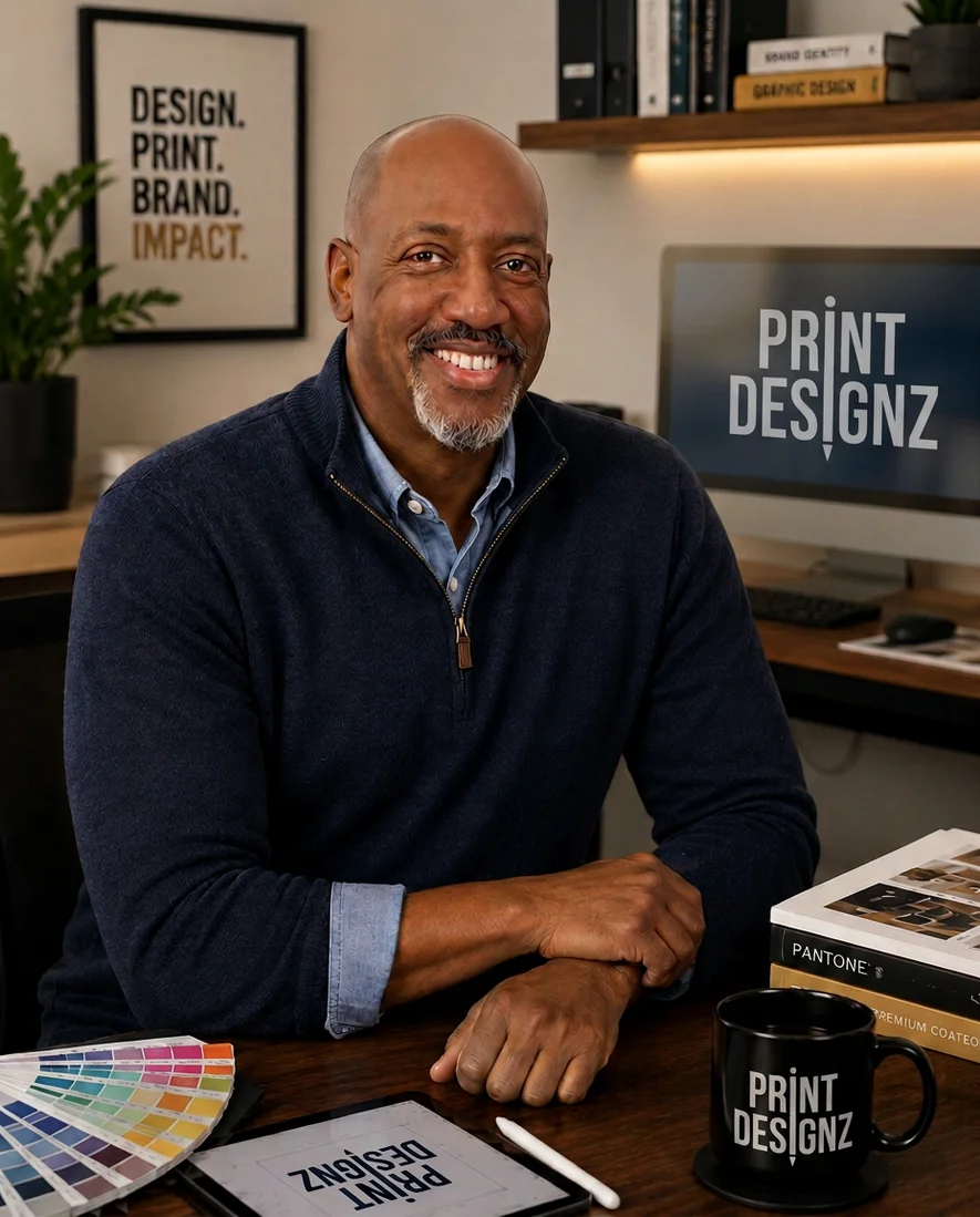 Portrait of Craig, founder of Print Designz, at his desk