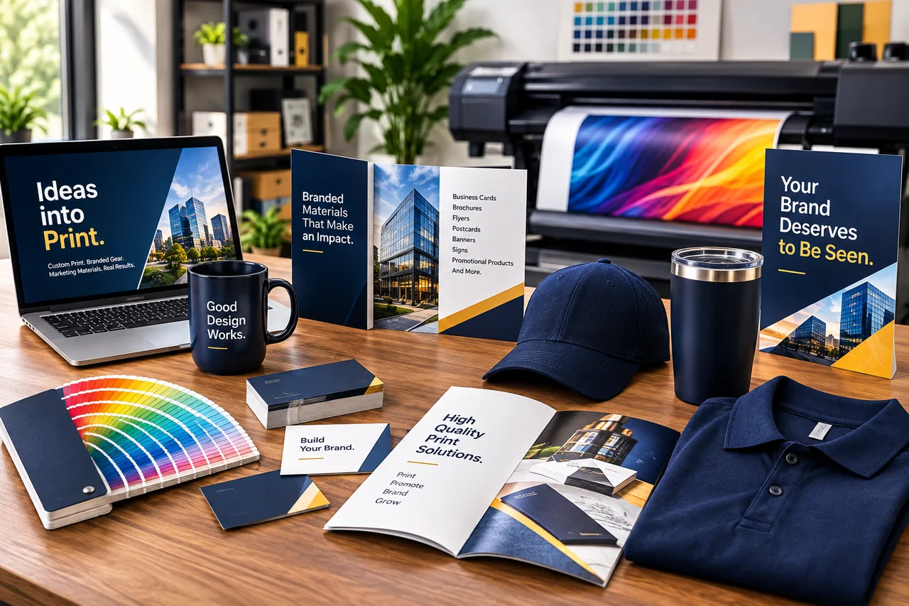 Print Designz creative workspace with print, apparel, promotional products and design materials