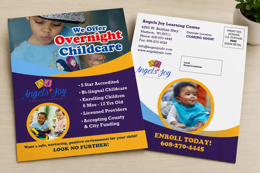 Angels Joy Learning Center direct-mail postcard design and printing